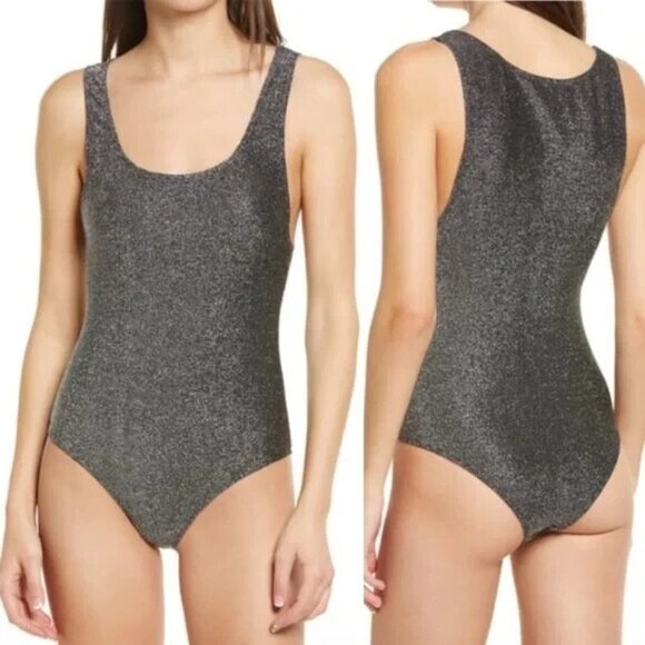 Reformation Saturn Women's Size Large Silver Metallic Stretch Knit Bodysuit NWT - Picture 1 of 10